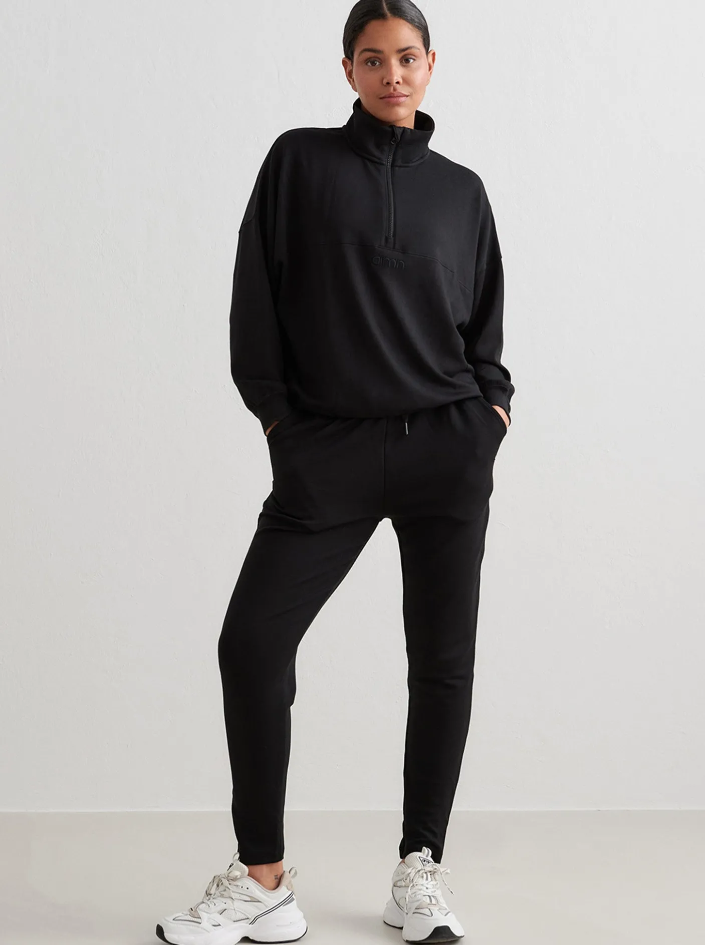 Women Aimn Hoodies & Crews-Black Comfy Modal Half Zip