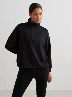 Women Aimn Hoodies & Crews-Black Comfy Modal Half Zip