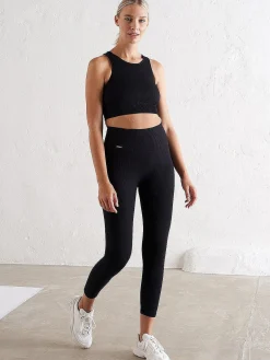 Women Aimn Performance|Tights-Black Ribbed 7/8 Seamless Tights