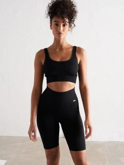 Women Aimn Training|Performance-Black Ribbed Seamless Biker Shorts