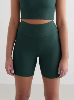 Women Aimn Shorts-Deep Emerald Ribbed Performance Midi Biker Shorts