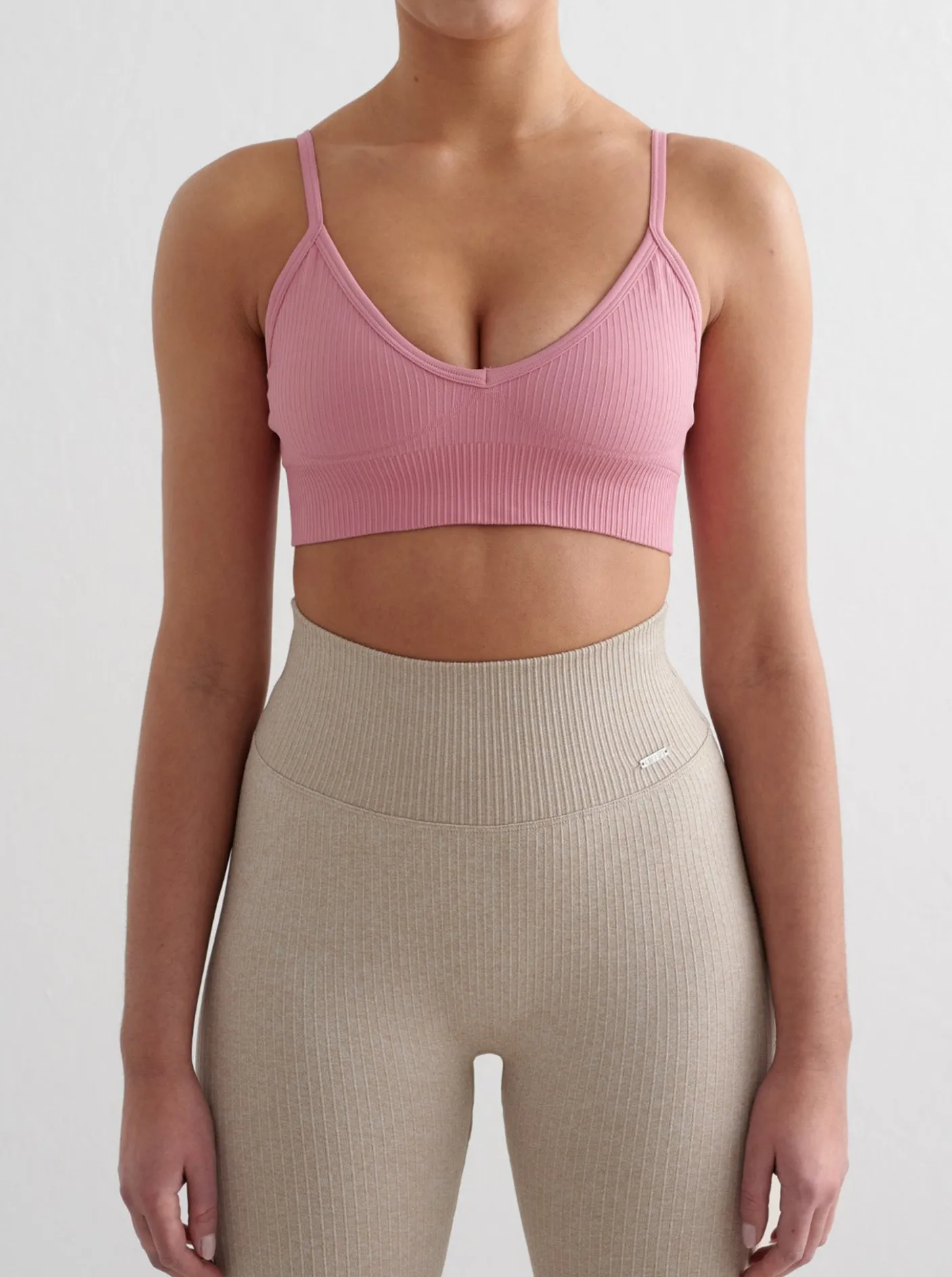 Women Aimn Performance|Sports Bras-Desert Rose Ribbed Seamless Deep Cut Bra