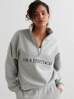 Women Aimn Hoodies & Crews-Grey Melangé Varsity Sweat Half Zip