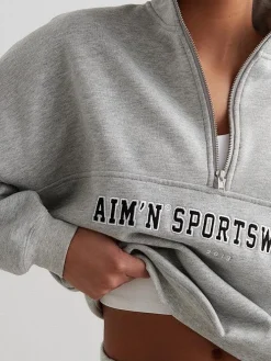 Women Aimn Hoodies & Crews-Grey Melangé Varsity Sweat Half Zip