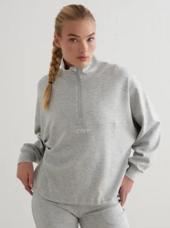 Women Aimn Hoodies & Crews-Light Grey Melange Comfy Modal Half Zip
