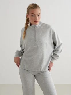 Women Aimn Hoodies & Crews-Light Grey Melange Comfy Modal Half Zip