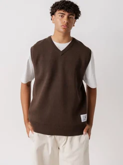 Pursuit of Happiness Jackets & Vests-Serif Logo Knitted Vest in Brown