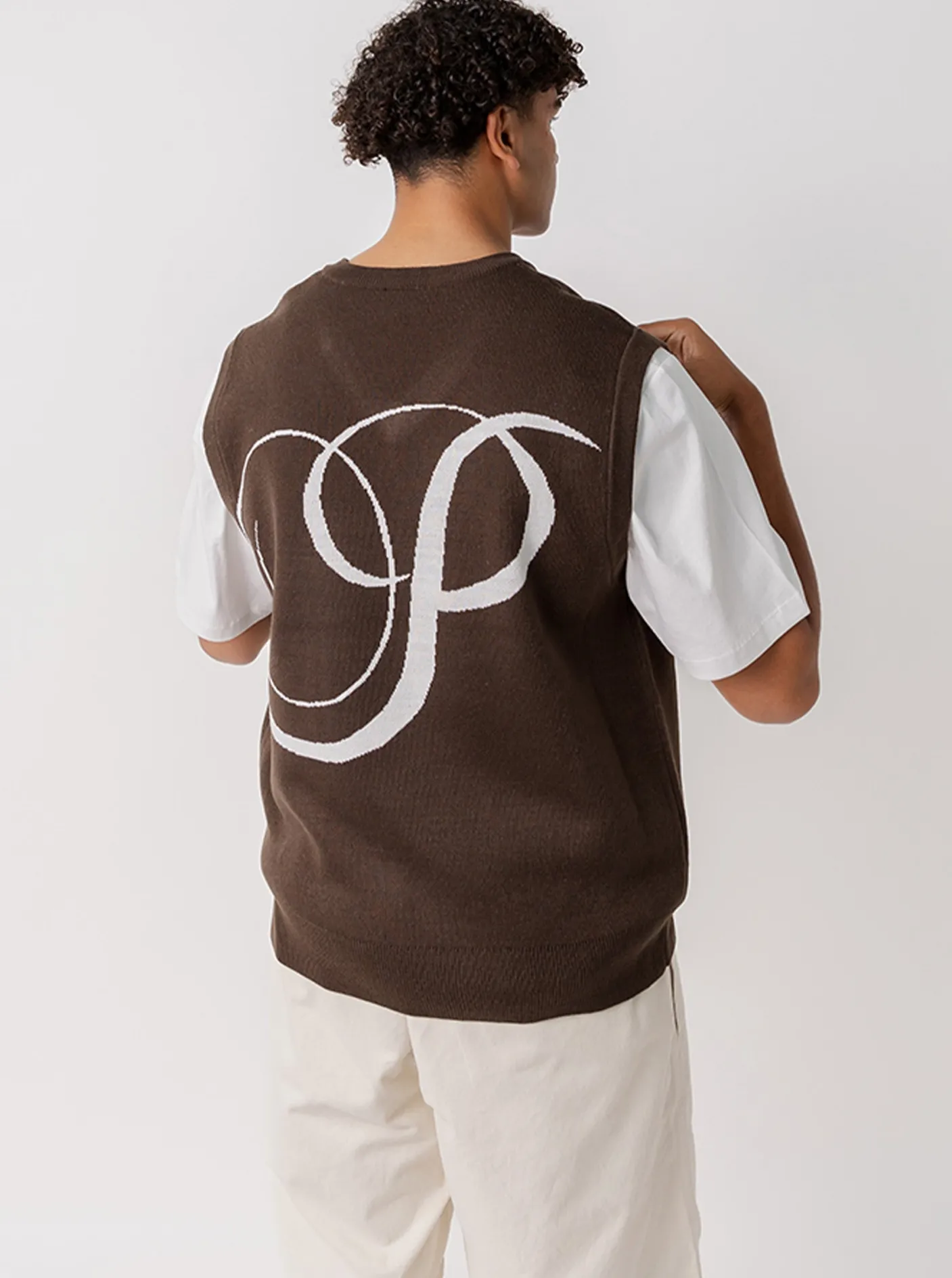 Pursuit of Happiness Jackets & Vests-Serif Logo Knitted Vest in Brown
